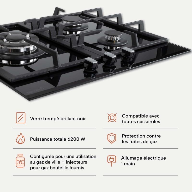 BELDEKO Plaque de cuisson Gaz 3 Feux 60 cm Verre Noir - Grilles Fonte - Marque Française