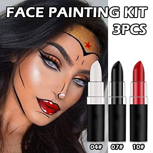 Image of Kaely 3Pcs Face Paint Stick,Pro Eye Black Stick Baseball Football Softball,Easy to Color,Black White Red Matte Lipstick Face Body Paint Set,Halloween Birthday Party Clown Makeup Sets