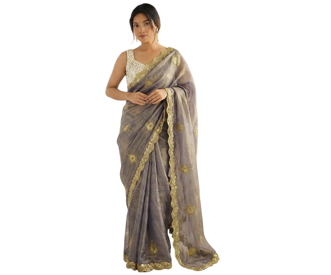 Fendy Satin Saree with Gold Embroidery Work Embellished, 5.5 meter Saree with Unstitched Blouse-image-3