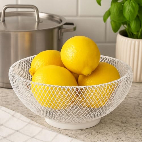 Image of Go Hooked Double-Layer Metal Mesh Fruit Bowl -12 Inch Durable & Stylish Iron Wire Basket, Keeps Fruits Fresh & Insect-Free, Perfect for Display Table, Dining Table, Room Desk Storage Basket - White