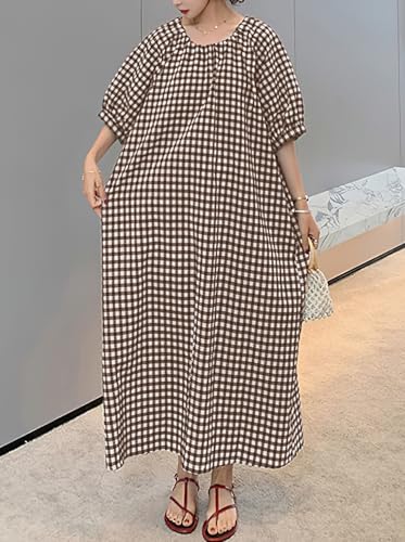 Image of chouyatou Women's Casual Gingham Loose-Fit Swing Dress Cotton Lantern Puff Sleeve Plaid Midi Long Dress