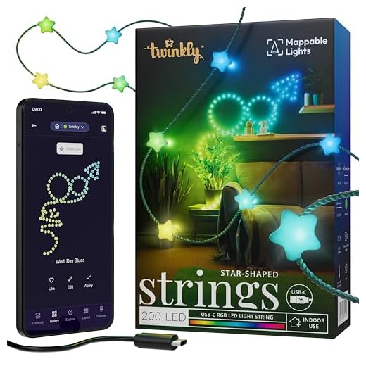 Twinkly Strings USB-C Star 200 LED, Sternförmige LED-Lichterkette, RGB LED-Lichter, Kompatibel mit Alexa und Google Home, Weihnachtsdeko, Stromversorgung USB-C, Grünes Kabel, 12m