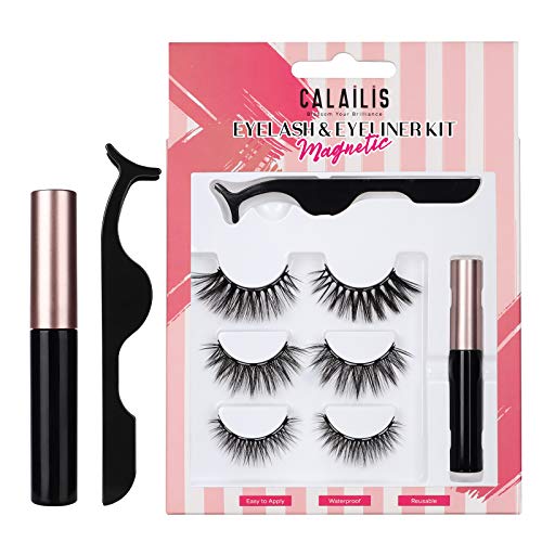 CALAILIS Magnetic Eyeliner and Eyelashes Kit, for Magnetic Lashes Set, Waterproof Liquid Eye Liner, 3D Faux Mink Eye Lashes False Eyelashes Reusable Lashes, Free Applicator CY105