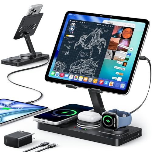 5 in 1 Charging Station for Apple Multiple Devices &65W Adapter 30W Max Bulit-in Retractable Cable Fast Wired Charging Stand for iPad/Tab Foldable Magnetic Wireless Charger for iPhone 17/iWatch/Buds