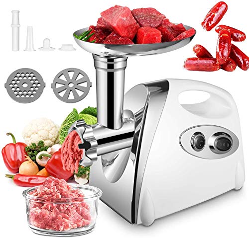 Elektrischer Fleischwolf 2800 Watt, Verchromter Edelstahl Wurstmaschine, Zerkleinerer, Spritzgebäck, Metallgetriebe, 3 Lochscheiben(3mm + 5mm + 7mm),