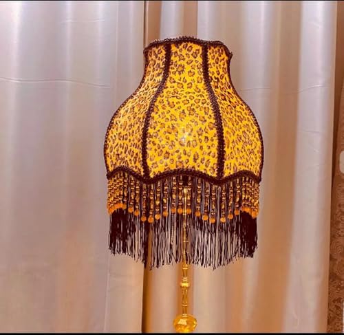 Sofyee Leopard Pattern Floor Lamp, Tassel Beaded Shade with Brown Trim, Gold Decorative Base, Bohemian Retro Light for Unique Interiors