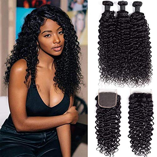 9A Brazilian Virgin Curly Wave Human Hair 3 Bundles with Lace Closure 100% Unprocessed Brazilian Jerry Curly Hair Weave Bundles with 4x4 Lace Closure Natural Black Color (18/20/22+16)