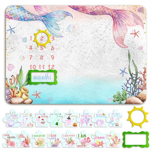 EQIUAG Mermaid Milestone Blanket for Baby, Mermaid Baby Monthly Milestone Blanket, Newborn Photography Background Decor, Perfect Newborn Gift &...