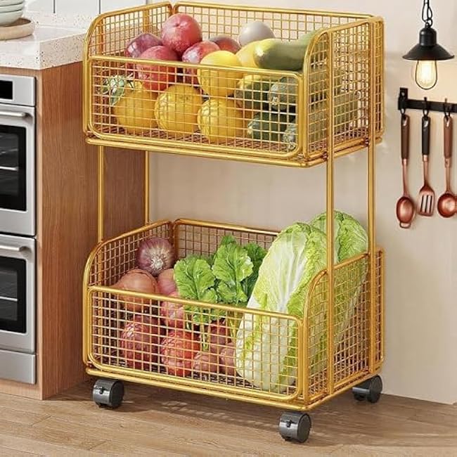 Pantry Cart with Wheels, Metal Wire Baskets with Wheels, Multipurpose Iron Fruit Basket for Kitchen, Snack Holder, Gold-4khd5Z9w