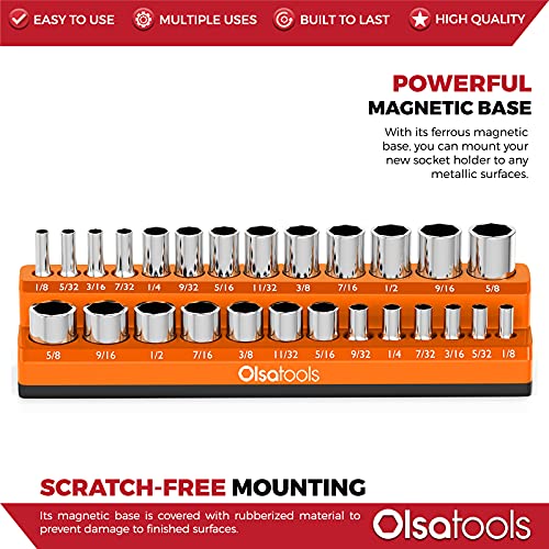 Image of Olsa Tools Magnetic Socket Organizer - 1 /4-Inch Drive SAE Socket Holder with Strong Magnets - Professional Tool Holder and Organizer - Stores up to 26 Sockets - Orange - Part: 1293