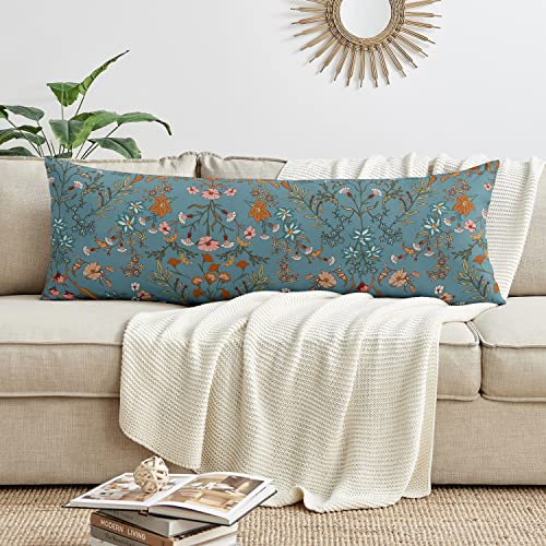 Sweet Jojo Designs Boho Bohemian Farmhouse Teal Blue Orange Wildflower Garden Floral Accent Decorative Couch Long Throw Zipper Body Pillow Cover Case 54X20 Botanical Flower Vintage Home Room Decor #TOP24