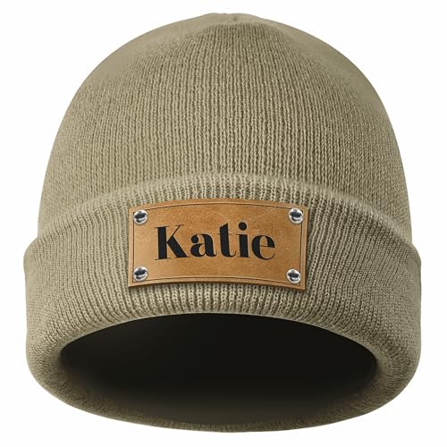 Custom Winter Knit Beanies | Personalized Leather Patch Hats | Matching Hats for Family | Warm Knit Caps for Kids, Teenagers and Adults | Beige