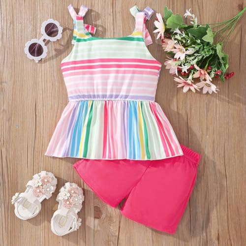 Image of Toddler Girls Clothes Summer Short Set Outfit Tie Knot Shoulder Sleeveless Ruffle Tops and Shorts 2PC Clothing Set