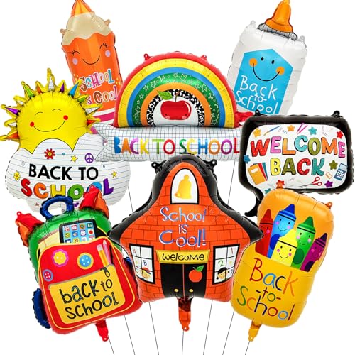 8PCS Back To School Balloons, Pencil Crayon School Bag Foil Balloons Welcome Back Balloons for Back To School Party Decor First Day of School Decorations