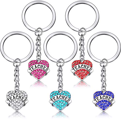Yaomiao 5 Pieces Heart Pendant Teacher Keychain Set Jewelry Crystal Love Heart Key Chain Teacher Appreciation Gift (Silver 1)