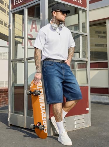 Image of PLEPAN Mens Super Baggy Jean Shorts 12 inch Vintage Loose Fit Wide Leg Long Jorts Y2K Streetwear Below Knee Denim Shorts