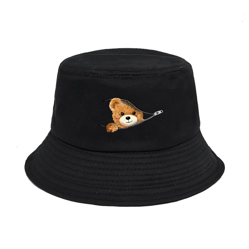 100% bawełna, pakowalna czapka typu bucket dla kobiet, panie UPF50+ wzór niedźwiedzia składana czapka rybacka lekka czapka wędkarska, modna prosta nastolatka letnia czapka plażowa na zewnątrz