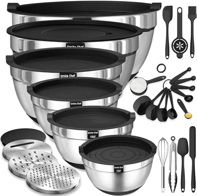Umite Chef Mixing Bowls with Airtight Lids, 26Pcs Stainless Steel Bowls Set, 3 Grater Attachments & Colorful Non-Slip Bottoms Size 7, 4, 2.5, 2.0,1.5, 1QT, Great for Mixing & Serving