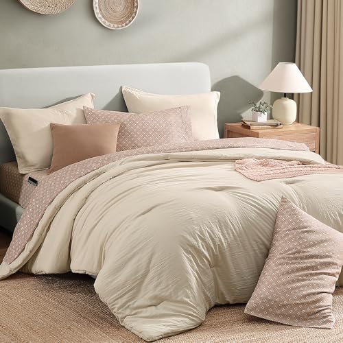Monbix Full Size Comforter Set - 7 Pieces Beige Prewashed Bed in a Bag Full Bedding Sets with Comforters, All Seasons Ultra Soft Comforter Bed Set with Sheets,Pillowcases & Shams