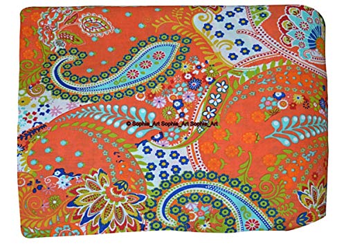 Image of Indian Hand-Block Printed Jaipuri Print Tropical Paisley Floral Ethnic Sanganer Kurti Print Cotton Fabric (Orange Paisley, 20 Yards)