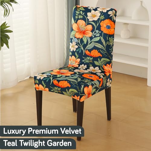 Image of HOKIPO Premium Printed Velvet Dining Chair Cover Set of 6, Teal Twilight Garden (AR-5794-D2*6)
