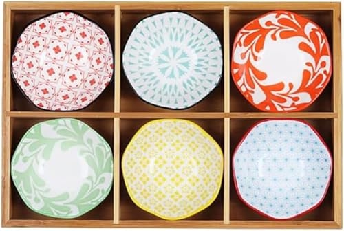 Zxyler セラミック・陶器小皿セット 竹製トレイ付きで仕切り収納便利 小さい皿・豆皿・小鉢・前菜皿・ソース皿兼用 果物盛り・ディップ・アイスクリーム・調味料用に最適 末広がりデザインでおしゃれ 小物収納・盛台としても活用 家庭・カフェ・レストラン食器セ