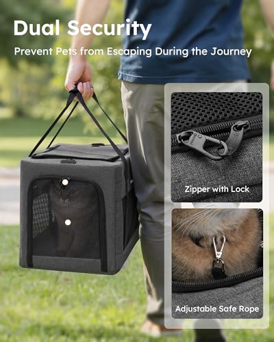 pecute Katzentasche Transporttasche Stabiler, Hundetransporttasche Halt Haustier Tragetasche,Katzentragetasche Leicht, Belüftete Katzentransportbox für Reisen,Auto,Tierarzt, bis 7kg,Hellgrau XL