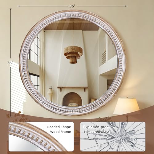 Image of HOITUZYUS 36 Inch Round Mirrors for Wall Decor, Wood Frame Farmhouse Style | HD Tempered Glass, Warm Rustic Charm, Ideal for Bathroom, Bedroom, Entryway, Vanity, and Living Room Decor