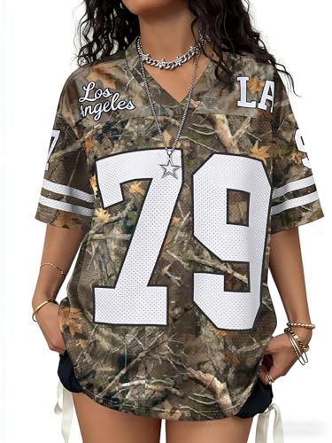 Plameil Oversized Jersey Shirts for Women Mens Graphic Number T-Shirts V Neck Y2K Football Basketball Jerseys (Camouflage, M)