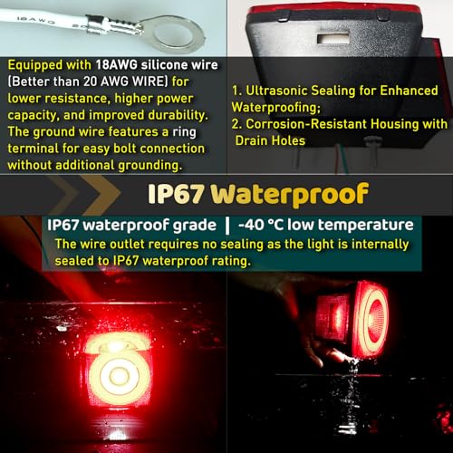 Image of Square Halo 78 LEDs Trailer Lights,Stop Turn License Running Combination Tail Light w /Stud Mount, IP67 Submersible for Under 80 inch Truck Boat RV [PatentPending], DC 12V (Red Lens Red LED)