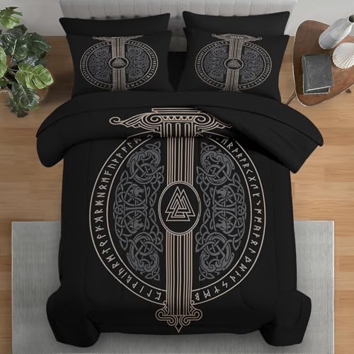 Pamnest Comforter Set Full Size, Viking Norse 7 Pcs Bedding for Kids and Adults, Dragon Medieval Gothic Bed Sheet Sets with Fitted Sheet 2 Pillowcases & 2 Shams for Bedroom Bed Decor