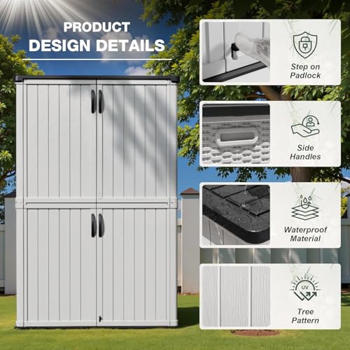 Image of Greesum Outdoor Storage Cabinet Without Shelves, 50 cu.ft Outdoor Waterproof Storage Shed for Garden Tools, Garbage Cans, Pool Storage, White