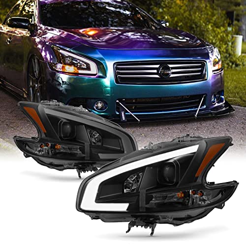 AKKON - Fits 2009-2014 Nissan Maxima LED DRL Light Tube Projector Headlights Headlamps - Black Smoke Housing