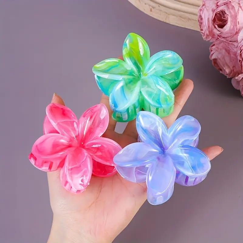Image of Flower Claw Clip for Women - 3 Pc Hawaiian Plumeria Flower Hair Clip Set, Strong Hold Floral Clutcher, Large Matte Claw Clips for Thick & Thin Hair for Girls
