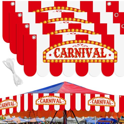 Image of 4 Pcs Carnival Awning Decorations Circus Tent Wall Decor Hanging Banners Red and White Stripe Canopy Stand Sign Circus Carnival Theme Party Supplies, 9.84 x 78.74 (Elegant)