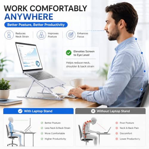 Image of Adjustable Laptop Stand Foldable Aluminium Laptop Holder with 6 Level Height | Portable Anti Slip Cooling Stand for 10-17 Inch Laptop, MacBook, Notebook (Silver)