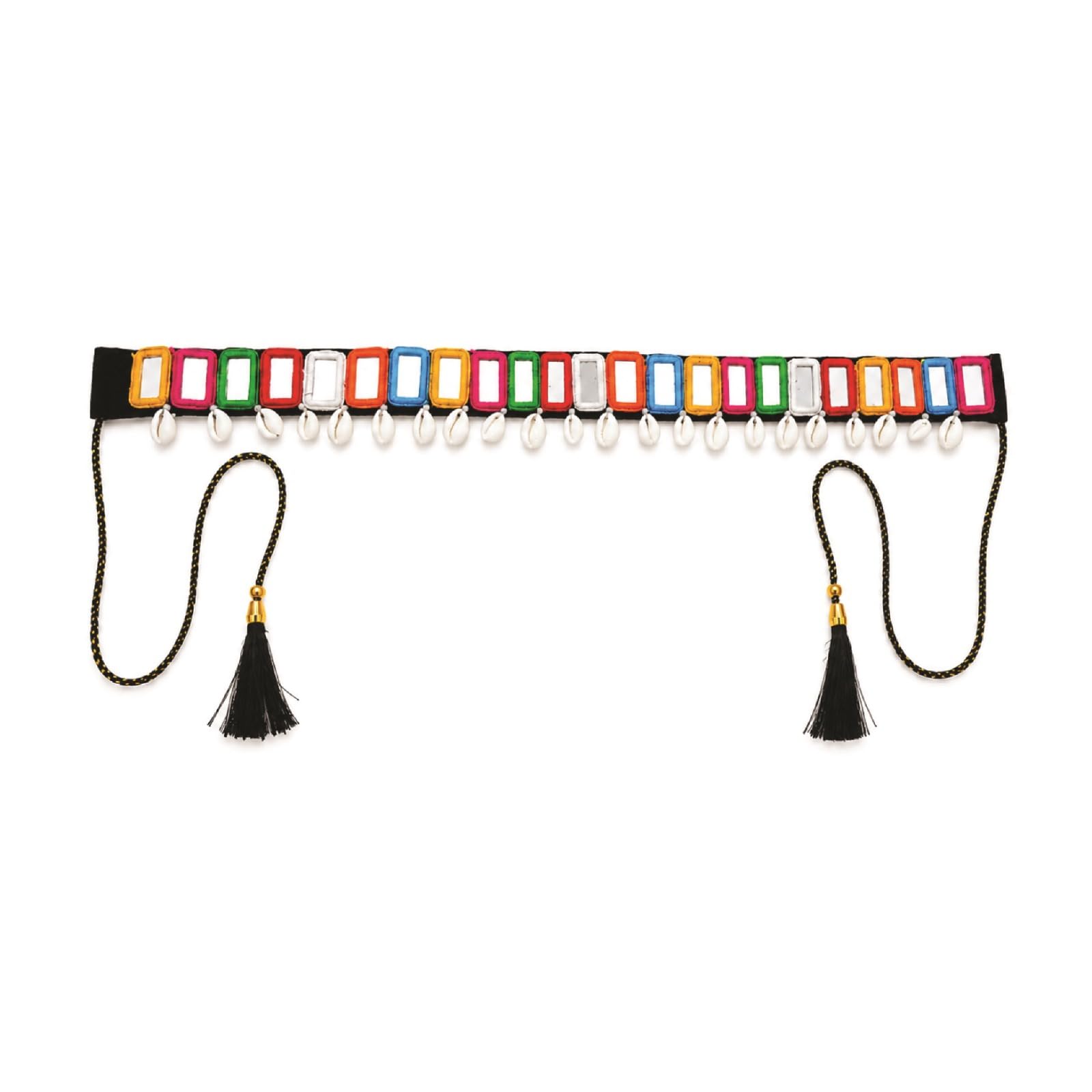 Navratri Traditional Multicolored Mirror Work Fabric Waist Belt – Adjustable Boho Kamarbandh with Cowrie Shells & Tassels for Chaniya Choli, Lehenga & Saree-image-4