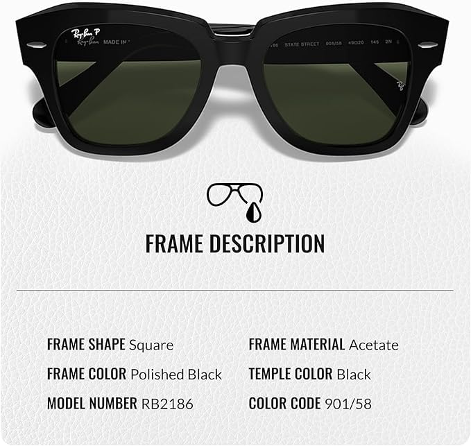 Image of Ray-Ban RB2186 STATE STREET Square Shaped Sunglasses for Women with Official RAYBAN Eyewear Kit