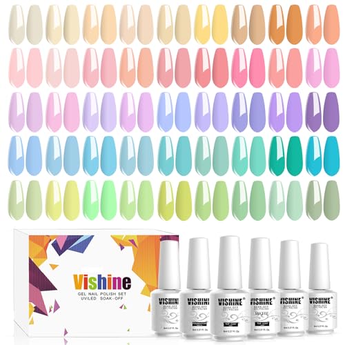 Vishine 48 Flacons Vernis Semi Permanent Pastel UV Gel Vernis à Ongles 45 Couleurs Rose Bleu Jaune Vert Macaron Classsique Collection Kit Saint Valentin Manicure Pour...