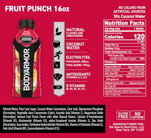 BODYARMOR Sports Drink Sports Beverage, Fruit Punch, Coconut Water Hydration, Natural Flavors With Vitamins, Potassium-Packed Electrolytes, Perfect For Athletes, 16 Fl Oz (Pack of 12) - Image 3