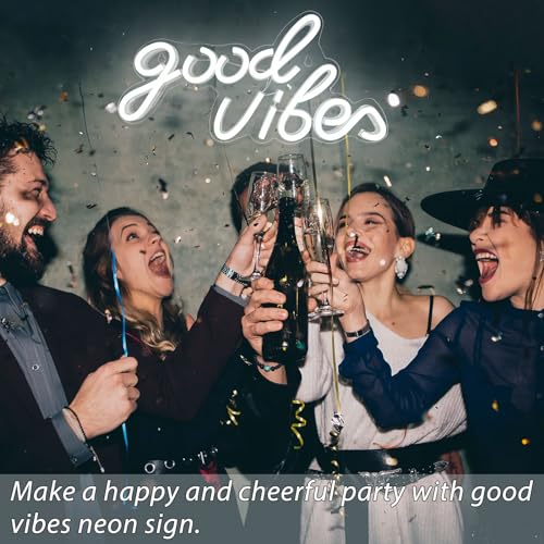 Good Vibes Neon Sign, LED Neon Signs for Wall Decor, White Neon Lights for Bedroom & Party Art Decor, USB Powered Bright Neon Light for Lover, Friends