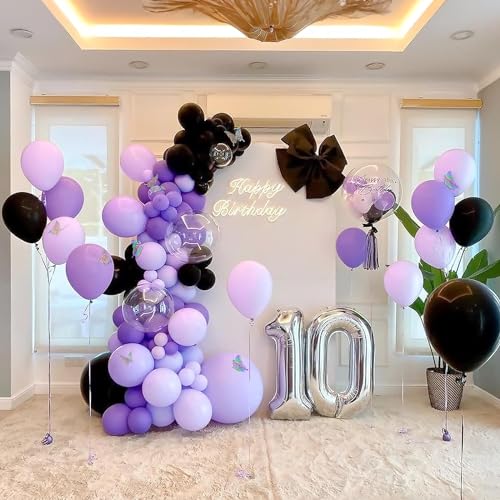 Image of Purple Black Balloon Arch Kit 63 Pcs, Purple & Black Balloons Garland Kit for Birthday Decoration, Wedding, Anniversary, Baby Shower, Valentine & Welcome Party Supplies