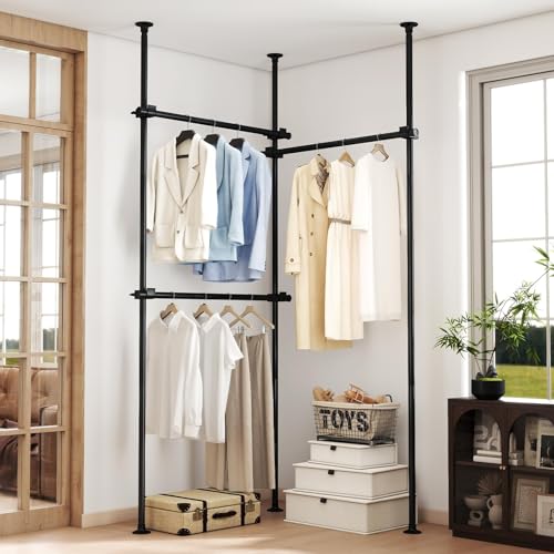 Kokorona 突っ張りハンガーラック 全体耐荷重90kg 横160cm - 240cm 縦50cm - 310cm ポールハンガー つっぱり式 3段 室内 突っ張り 物干しランドリーラック つっぱり式 頑丈 洋服ラック 衣装 衣類収納 縦横伸縮 部屋干