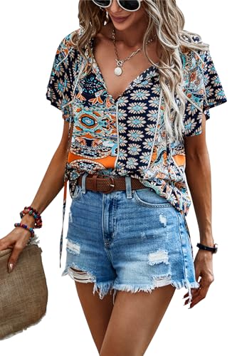 Awemeal Damen Bluse Sommer Rüschen Kurzarm V-Ausschnitt Shirt Boho Drucken Strand Top T-Shirt Casual Lose Tunika Oberteil (L, Navy Blau)