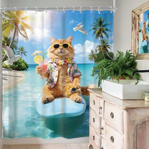 Image of Funny Cat Shower Curtain Cute Kids Surfing 60Wx72H Inch Decor | Hawaii Tropical Summer Surfboard Blue Ocean Sea Seagull Sun Cool Cats Waterproof Polyester Bathroom 12 Hooks