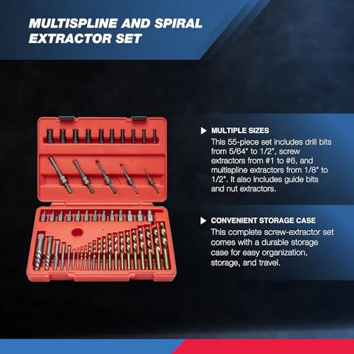 Image of NEIKO 04202A Master Screw Extractor | 55 Pieces Broken Bolt Remover | Multi Spline, Extractor Pins, Spiral and Nut Extractors | 5 /64 inch to 1 /2 inch | Stripped Screws, Studs, Fittings and Lugs Extraction