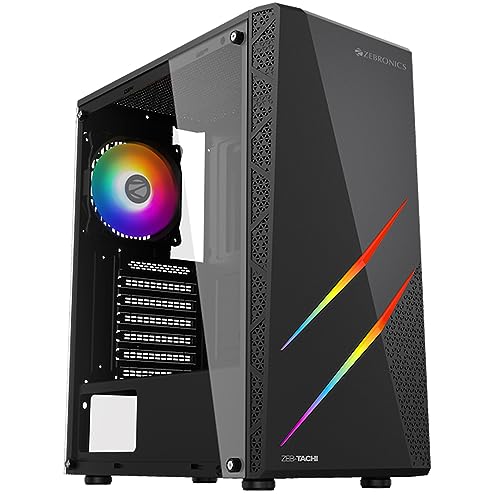 Image of ZEBRONICS TACHI Mid-Tower Premium Gaming Cabinet, ATX /M-ATX /M-ITX, 1 x 120 mm RGB Inner Glow Rear Fan, LED Strip with Control Switch, Tempered Glass Side Panel, USB 3.0, USB 2.0
