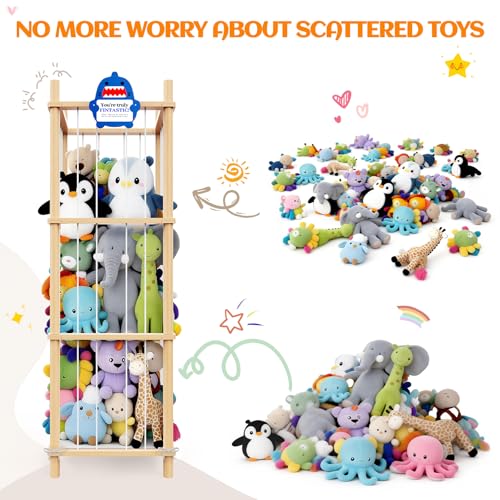 Image of Stuffed Animal Storage & Toy Organizer 3 Layers 54 in Wooden Toy Holder | Large Natural Pine Plushies with Elastic Bands & Mesh Net Space aving Design for Toddler Rooms, Playrooms & Bedrooms