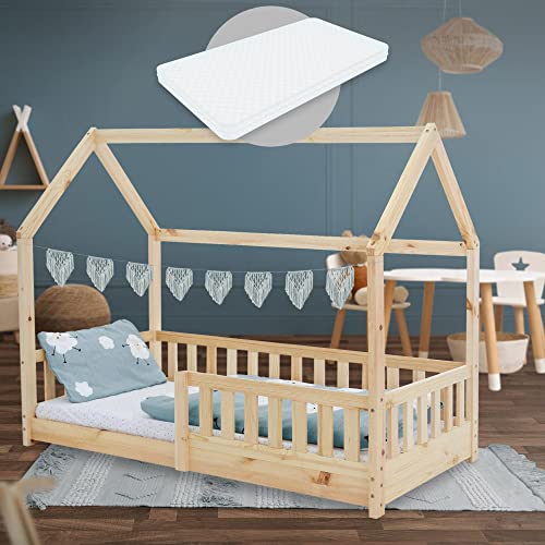 ML-Design Lit Cabane Enfant 80x160 cm Naturel avec Matelas, Protection Contre la Chute, Toit et Sommier à Lattes, en Bois de Pin Massif, Style Maison, Couchage au Sol...