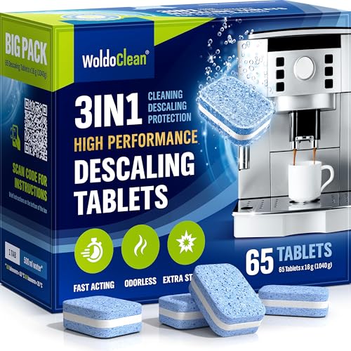 WoldoClean Lot de 65 tablettes de détartrage 3 en 1 pour machine à café - Hermétiques sous blister - Compatibles avec DeLonghi, Siemens, Jura & Philips
